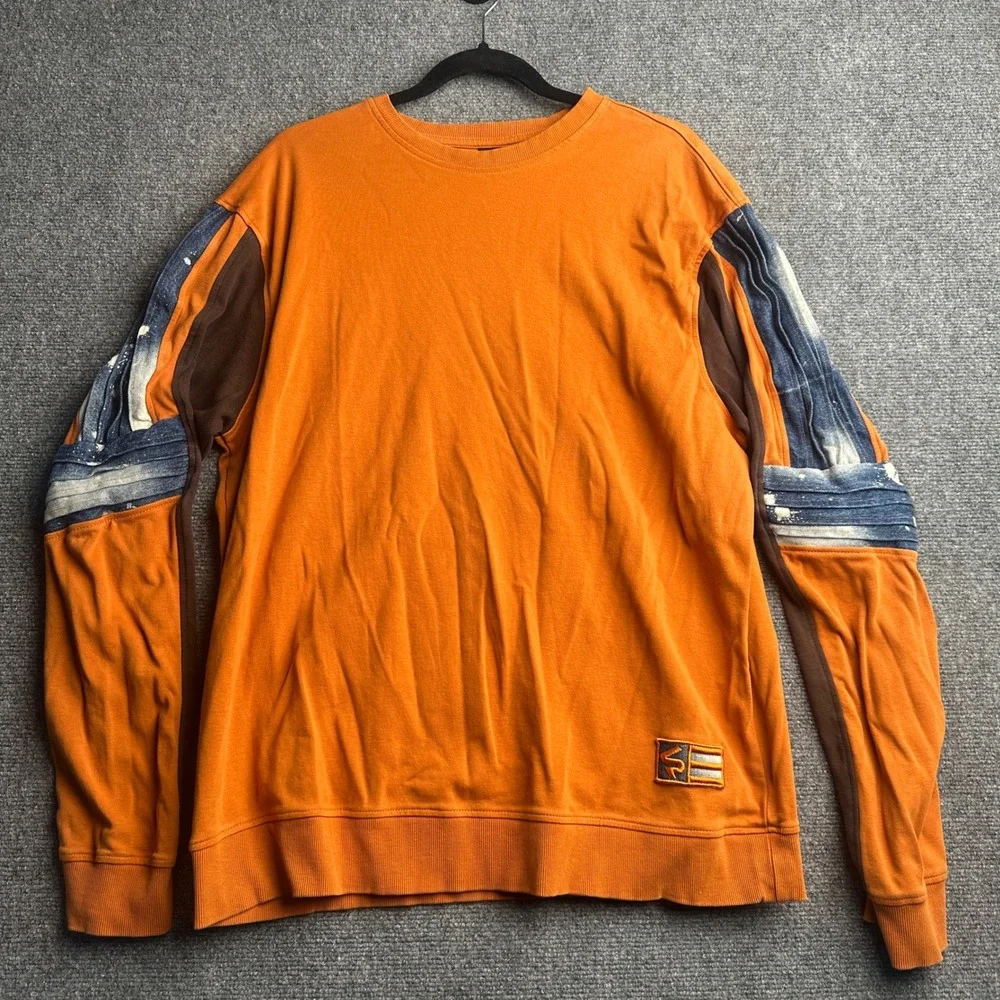 Southpole Sweatshirt Mens XL Orange Y2K Streetwear Hip Hop Denim Panel Patchwork